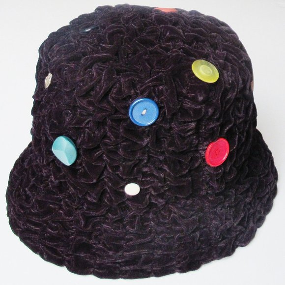 Deep Purple Velvet Hat Hand Ruched Fabric Decorated With Vintage Buttons - Picture 5 of 8